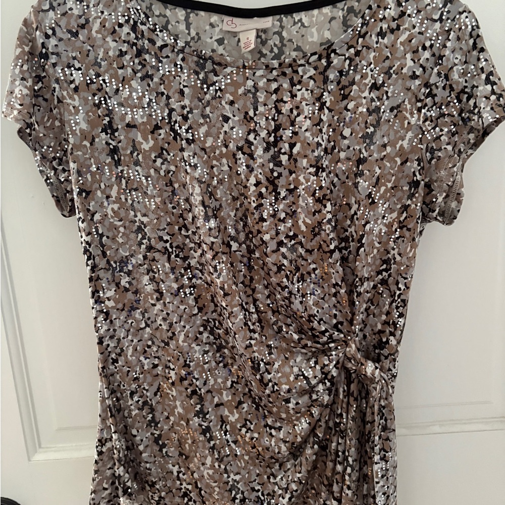 Brown and Tan Ruched Tie Front Blouse